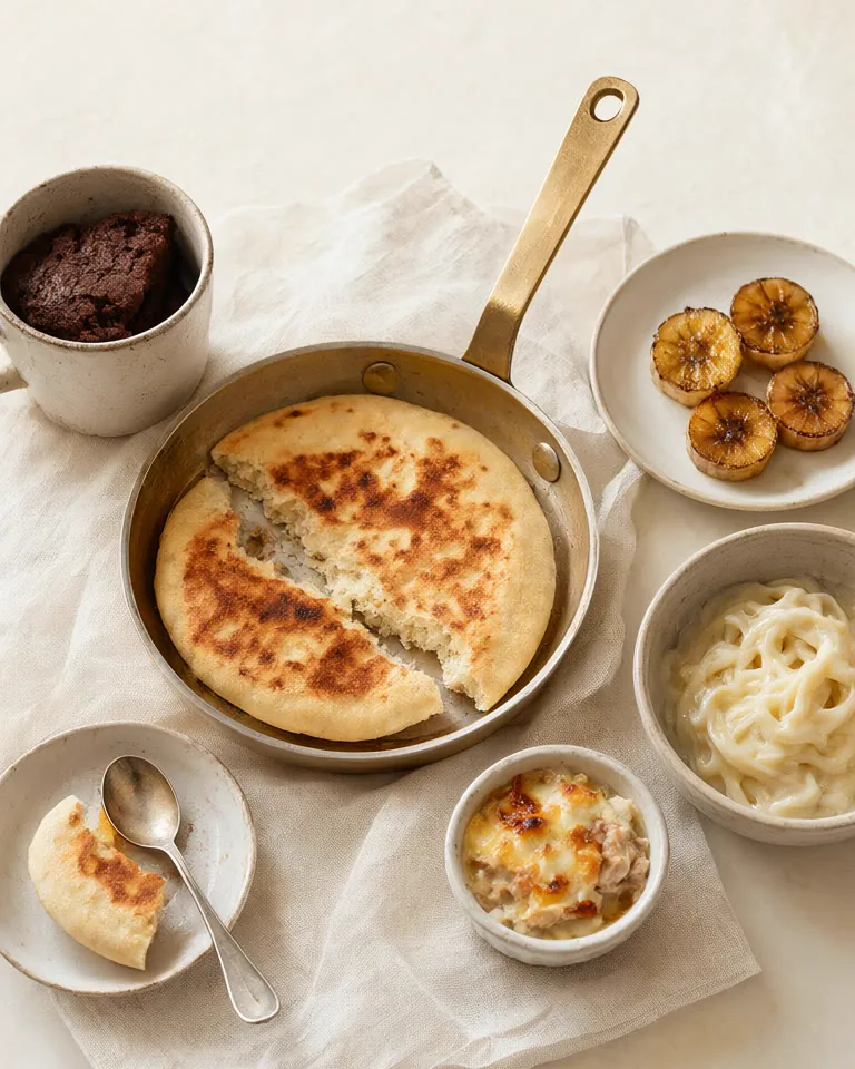 Mesa clara com pão dourado em frigideira de cabo dourado, brownie de caneca, banana caramelizada, macarrão cremoso e um pãozinho servido ao lado