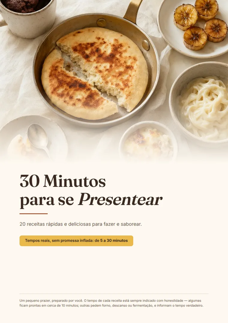 Capa do e-book: o título 30 Minutos para se Presentear sobre a foto de uma mesa com pão, brownie de caneca, banana caramelizada e outros preparos
