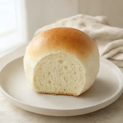 Pãozinho alto e arredondado, de casca dourada e lisa, aberto mostrando miolo fofo com alvéolos pequenos de fermentação; prato de cerâmica claro e pano neutro. Sem marcas de frigideira e sem ovo à vista.