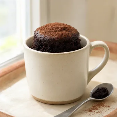 Caneca escura ou creme, topo polvilhado com cacau e colher pequena ao lado. Mostrar miolo úmido, não cru.