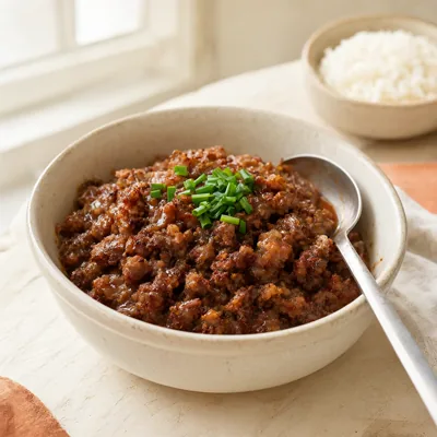 Carne em tigela pequena com cebolinha fresca, molho brilhante e arroz ao lado em pequena quantidade. Não exagerar no molho.