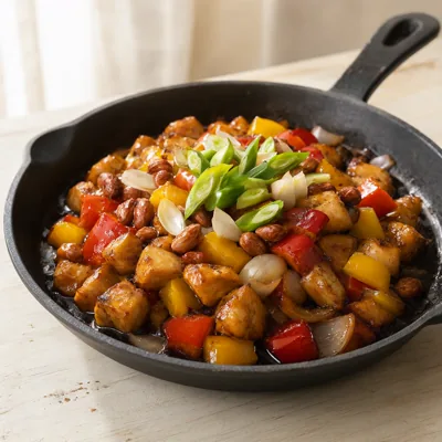 Frigideira funda com cubos de frango dourados, quadrados de pimentão vermelho e amarelo e pétalas de cebola em molho escuro de soja brilhante, cebolinha por cima, vegetais ainda firmes. Mesa de madeira clara. Não mostrar arroz nem acompanhamento.