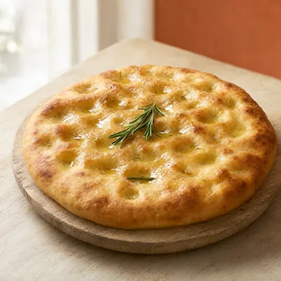 Pão achatado em tábua, marcas dos dedos visíveis, azeite brilhante e alecrim. Não mostrar grandes alvéolos típicos de focaccia fermentada se a receita não os produzir.