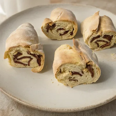 Pão comprido e enrolado, de casca clara e só levemente dourada, cortado em quatro fatias grossas, com linguiça fatiada fina e queijo visíveis no espiral e a aba de massa soltando nas bordas. Miolo macio com alvéolos pequenos e irregulares de fermentação, sem bolhas grandes. Não mostrar assadeira de forno.